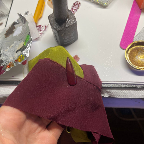 An image of a hand holding pieces of fabric with a matching fake nail.