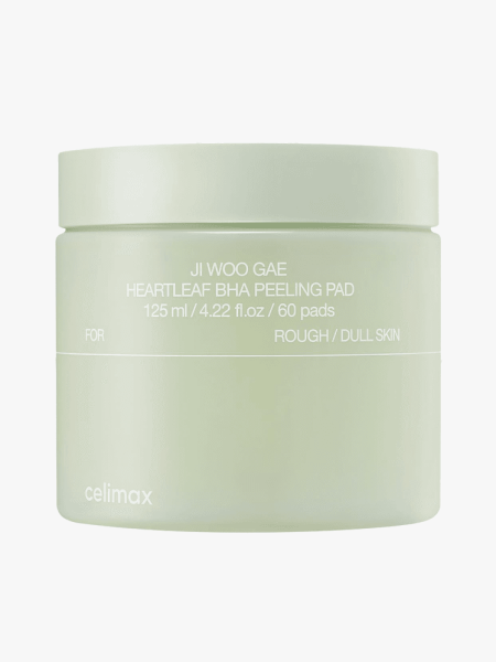 Celimax Jiwoogae Heartleaf BHA Peeling & Exfoliating Pads in branded tub component on a light gray background